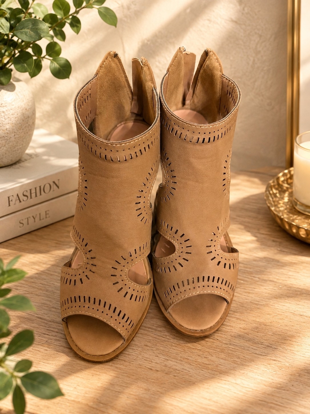 Women's Tan Cutout Peep-Toe Ankle Boots